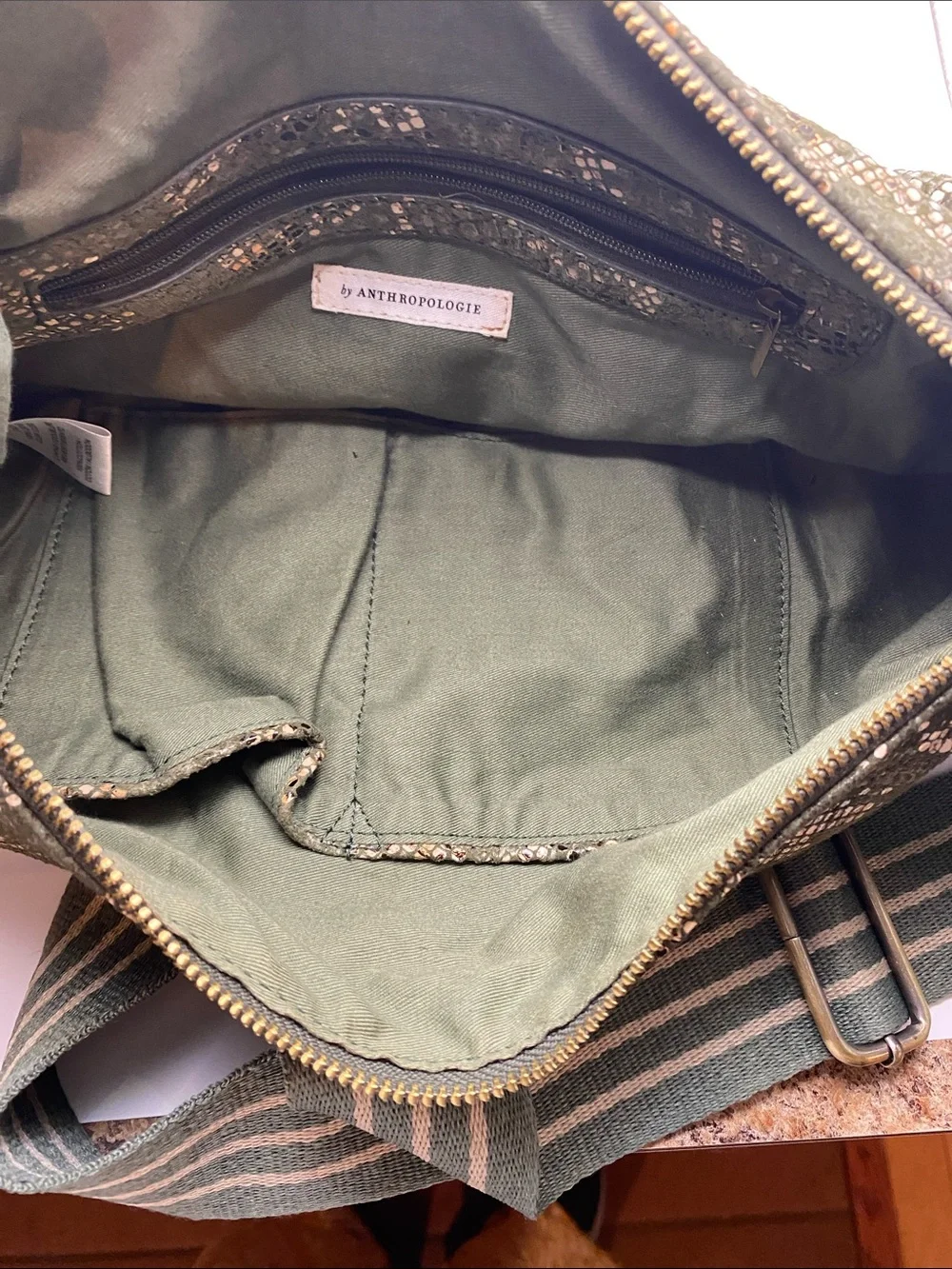 Anthropologie Green Metallic Snake-Print Hobo with Striped Strap